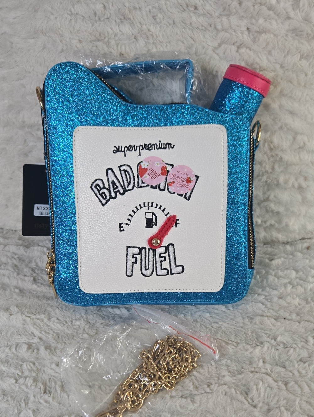 Glitter Blue 'Bad Fuel' Novelty Crossbody Bag